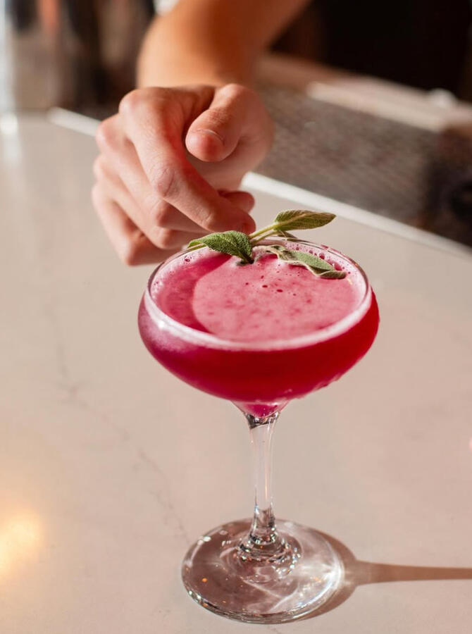 Wheatley Vodka, Italicus, Dry vermouth infused with sage, blueberry syrup, lemon juice, Scarborough bitters, Champange topper, sage garnish - BEST SELLER